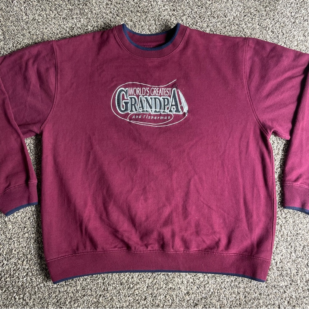 Vintage 90s Worlds Greatest Grandpa & Fisherman Fishing Burgandy Sweatshirt XL